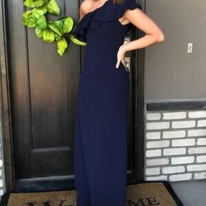 Navy ruffle prom dress